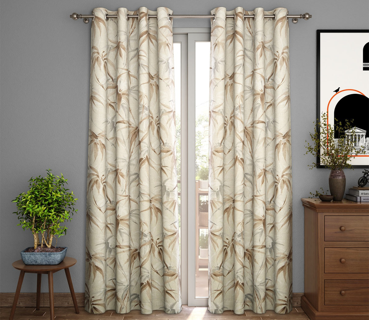 Fern Light-Filtering Long Door Curtains Set of 2 (Grey, 9 Feet)