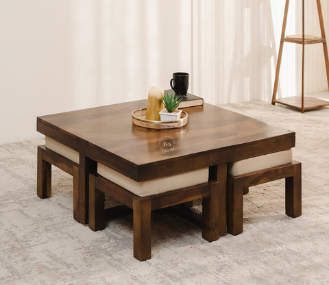 Reid Sheesham Wood Coffee Table with Four Cushioned Stools (Walnut Finish)
