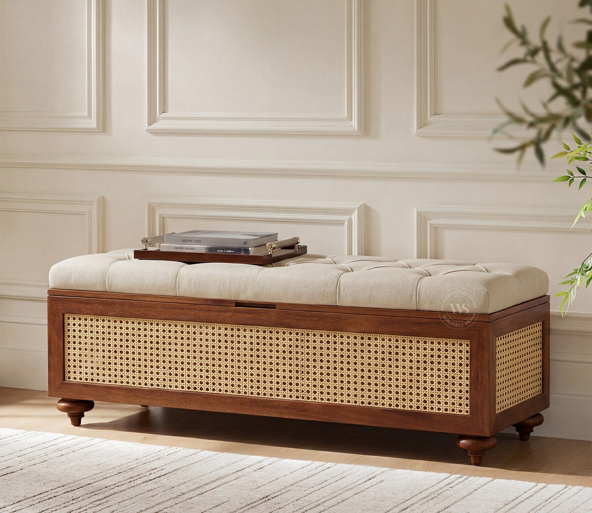 Rini Mango Wood Upholstered Bench with Cane Accent and Storage (Teak Finish, Cottage Ivory)