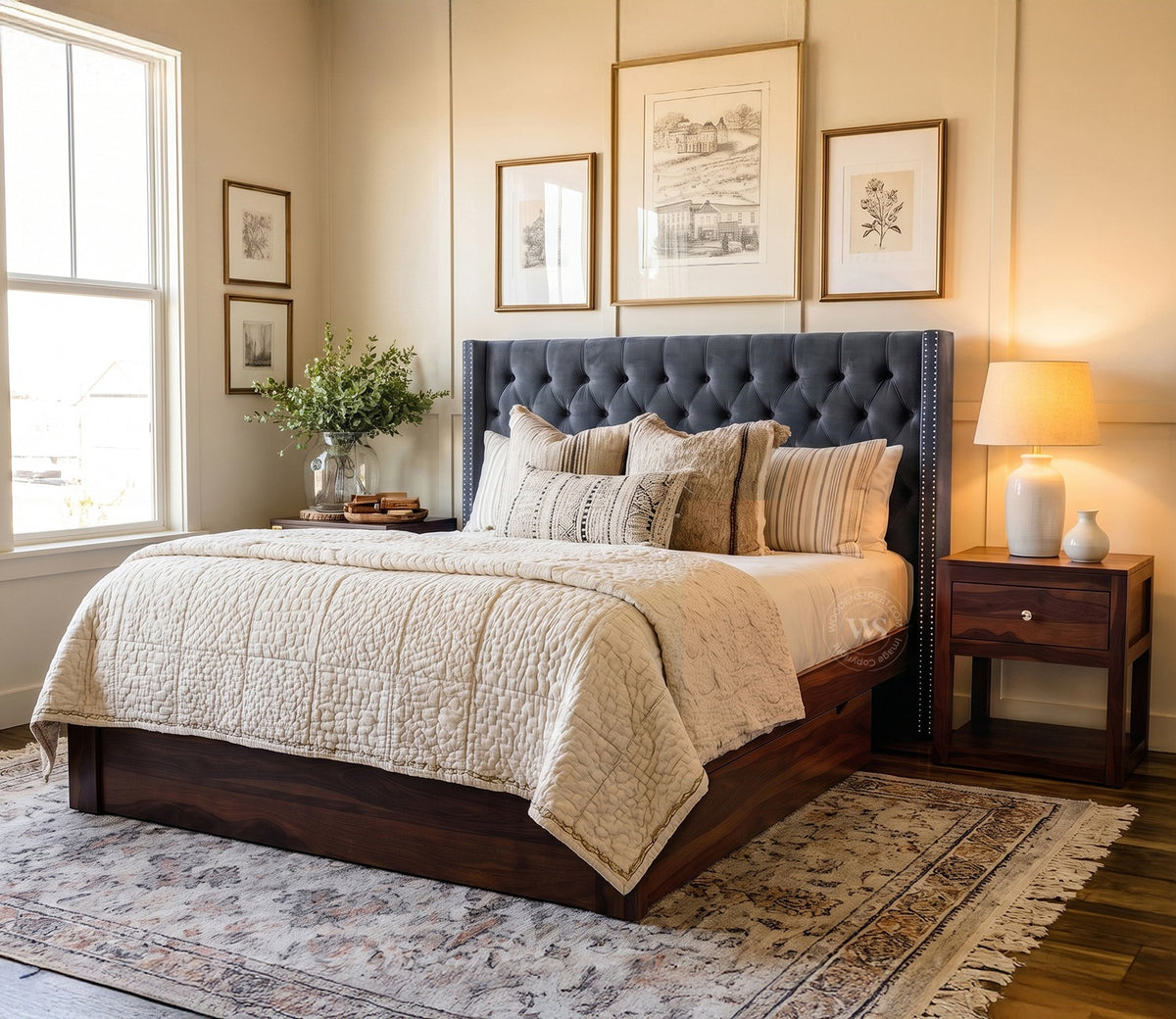 Drewno Sheesham Wood Upholstered Bed With Storage (Queen Size, Graphite Grey)