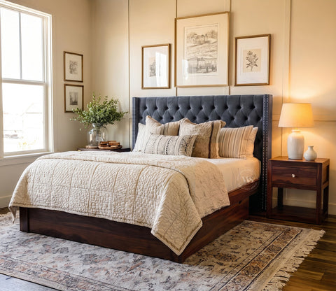 Drewno Sheesham Wood Upholstered Bed With Storage (Queen Size, Graphite Grey)