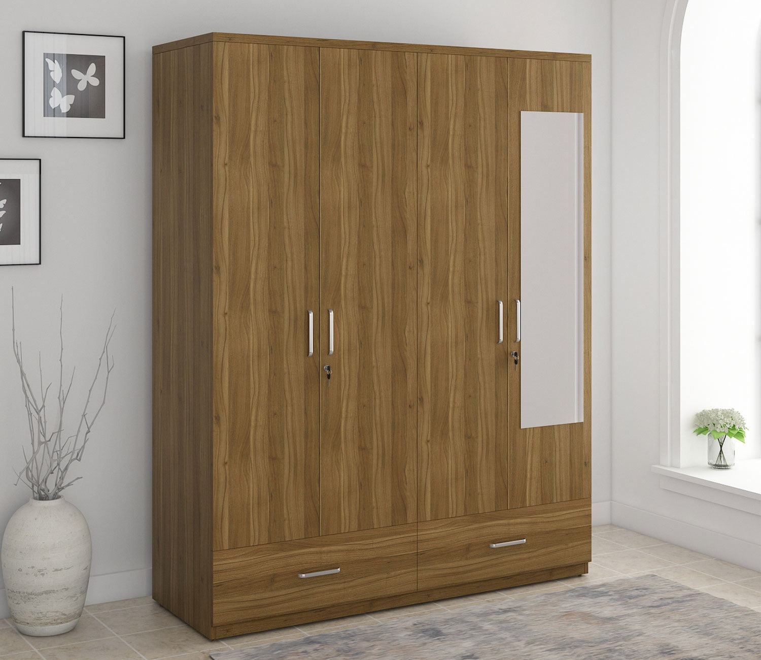 Kosmo Linden 4 Door Wardrobe with Mirror (Exotic Teak Finish)
