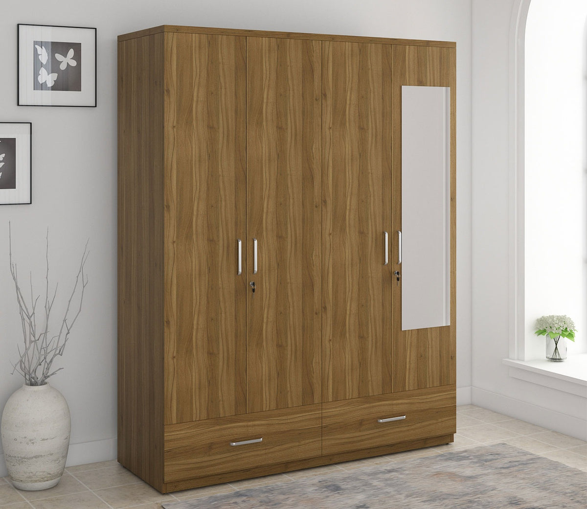 Kosmo Linden 4 Door Wardrobe with Mirror (Exotic Teak Finish)