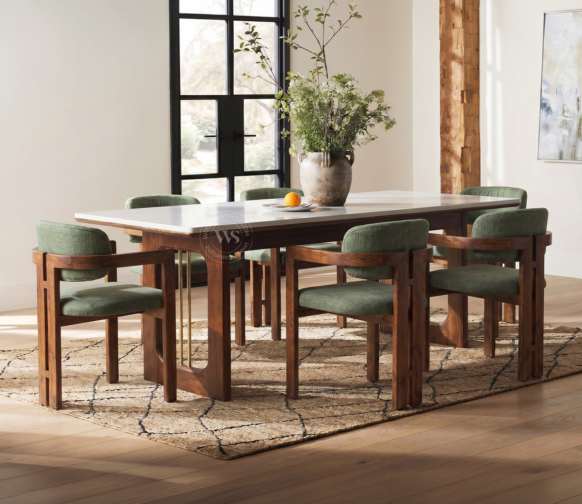 Mikavya 6 Seater Sheesham Wood Dining Table Set with Quartz Top (Sage Green)