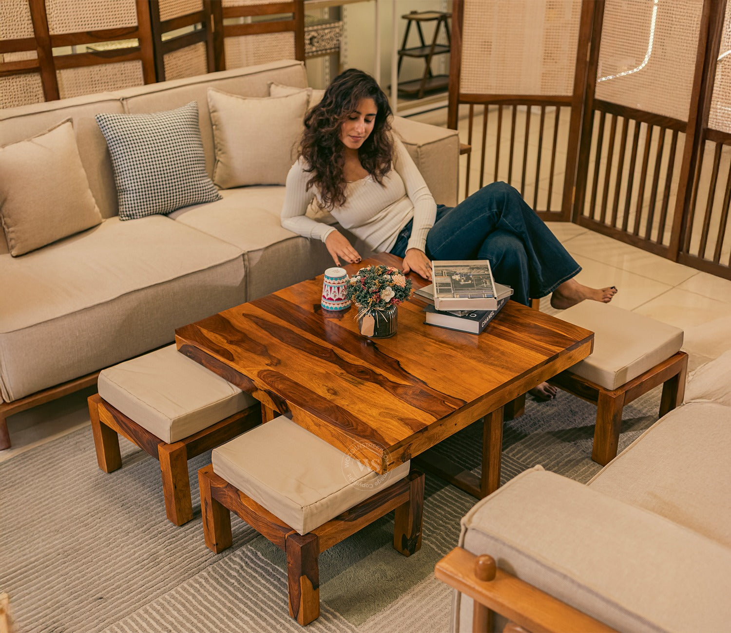 Reid Sheesham Wood Coffee Table with Four Cushioned Stools (Honey Finish)