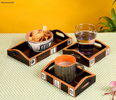 Natural Brown Handcrafted Tribal Art Serving Trays - Set of 3