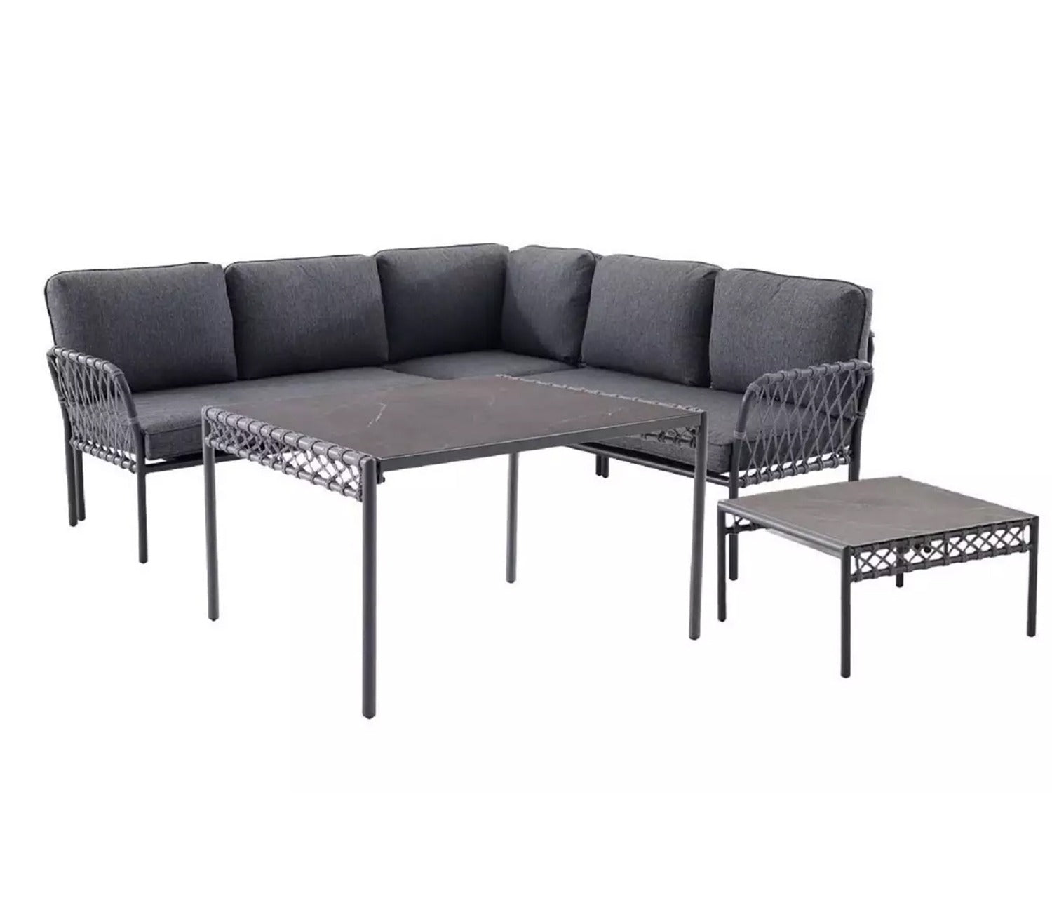 Grey Rope L Shape Sofa Set With Table And Grey Cushions