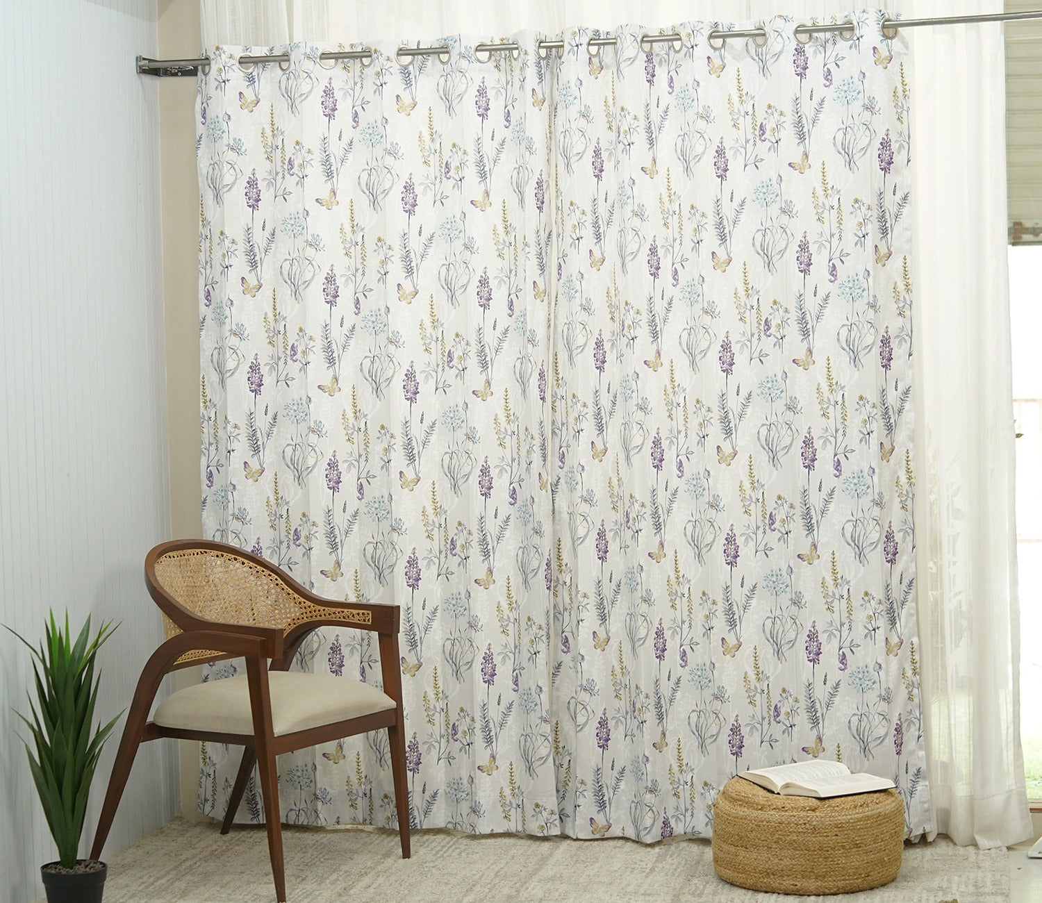Grey Botanic Mist Floral Print Light-Filtering Door Curtains Set of 2 (Grey, 7 Feet)