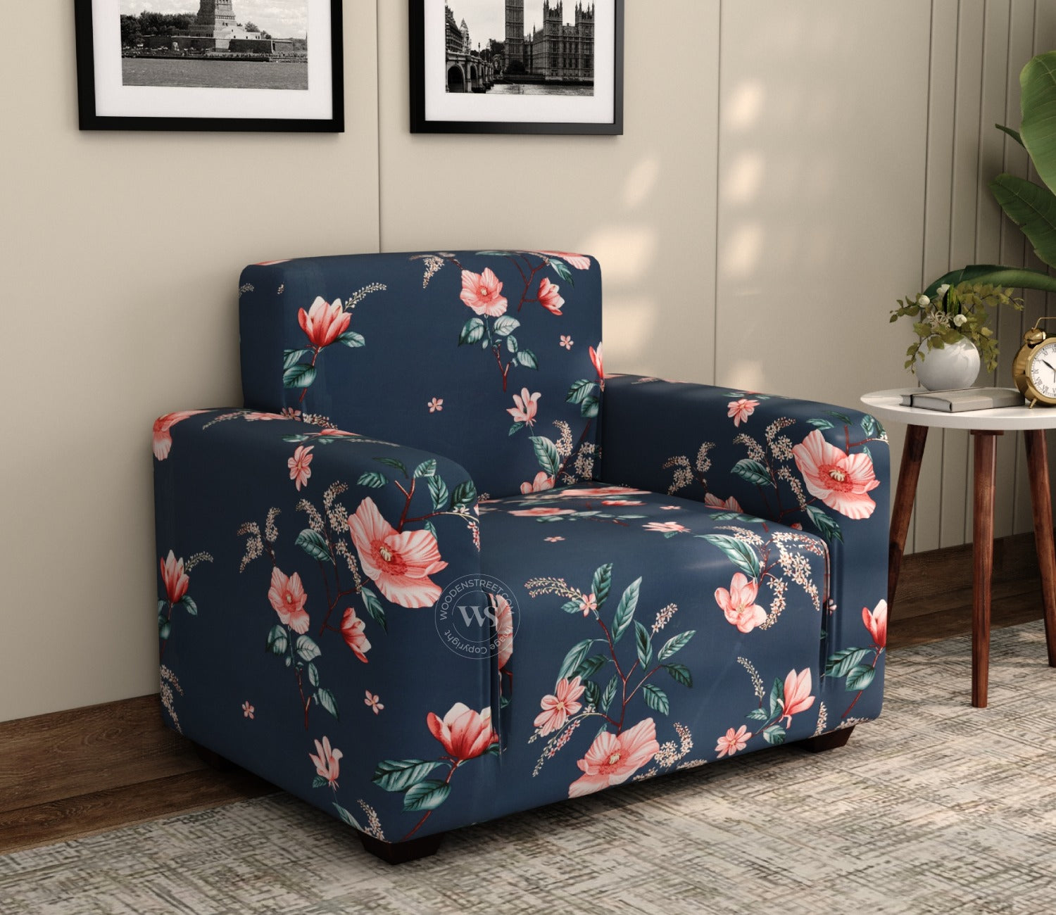 Flaubert Floral Printed Polyester Spandex 3+1+1 Sofa Cover Set (Blue)