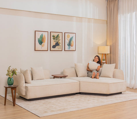 Float Premium Fabric Sectional Sofa with Movable Solid Wood Tray Table (Jade Ivory)