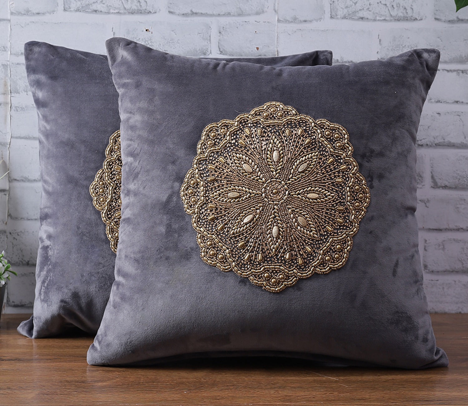 Beaded Velvet Cushion Covers - Set of 2 (Grey, 18 x 18 inch)