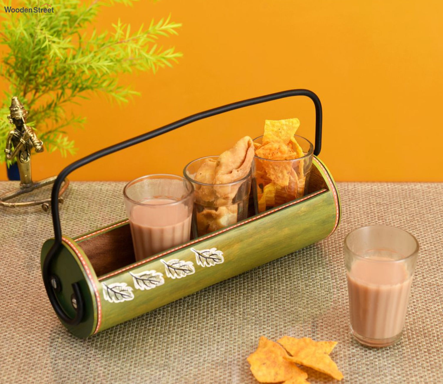 Green Colour Wooden Snacks Carrier With Glasses