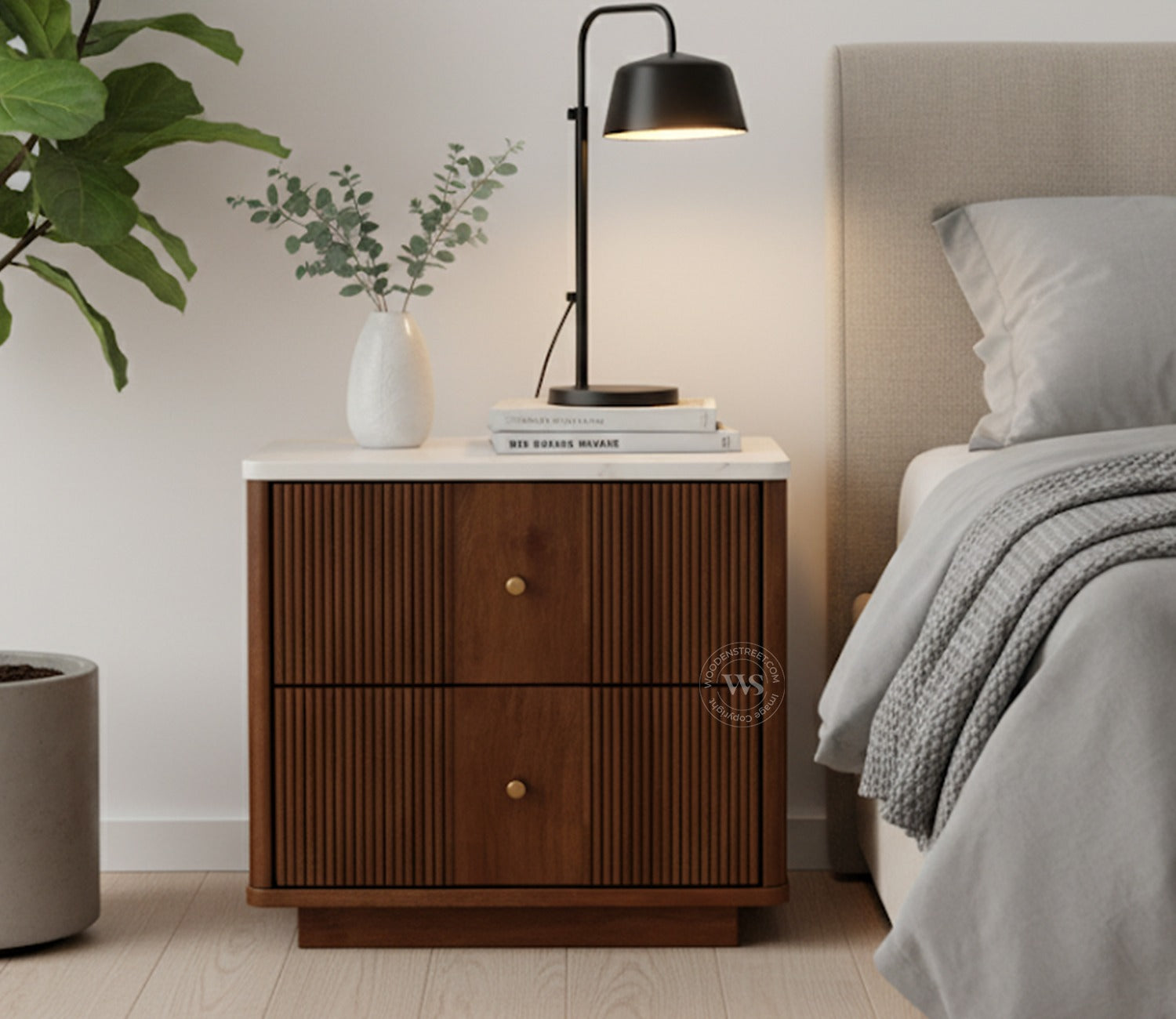Kesarth Mango Wood Bedside Table with Marble Top & Storage (Teak Finish)