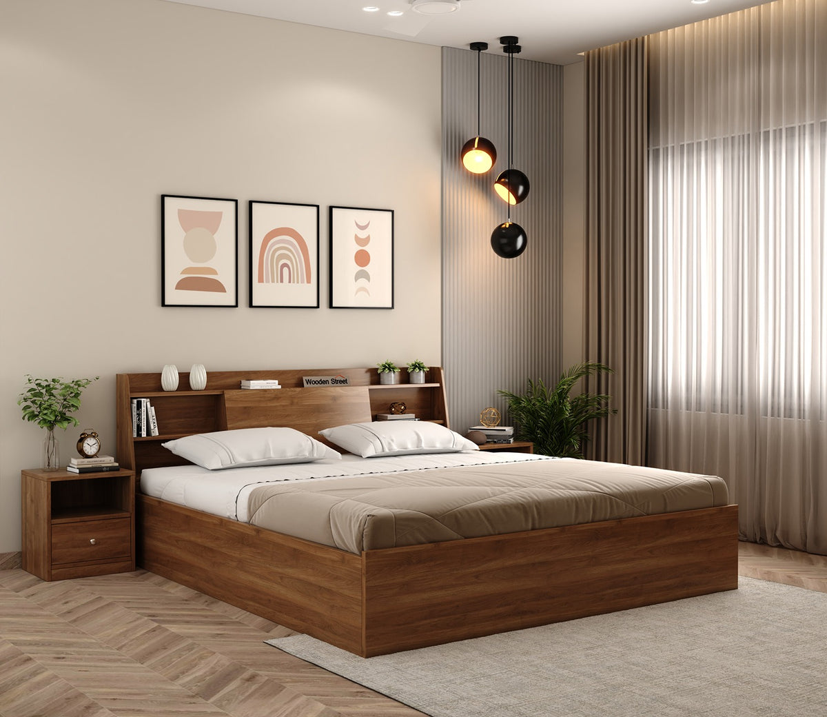Celestia Engineered Wood Bed with Box Storage (Queen Size, Columbian Walnut Finish)