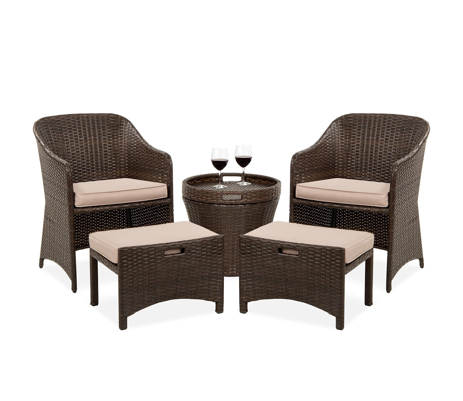 Dark Brown Rattan And Wicker 2 Seater Patio Set With Table And Cream Cushions
