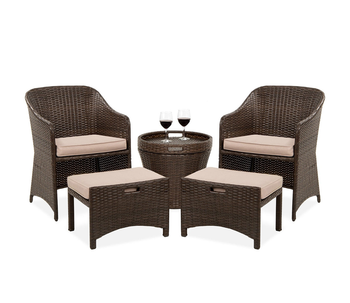 Dark Brown Rattan And Wicker 2 Seater Patio Set With Table And Cream Cushions