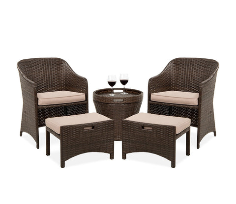 Dark Brown Rattan And Wicker 2 Seater Patio Set With Table And Cream Cushions