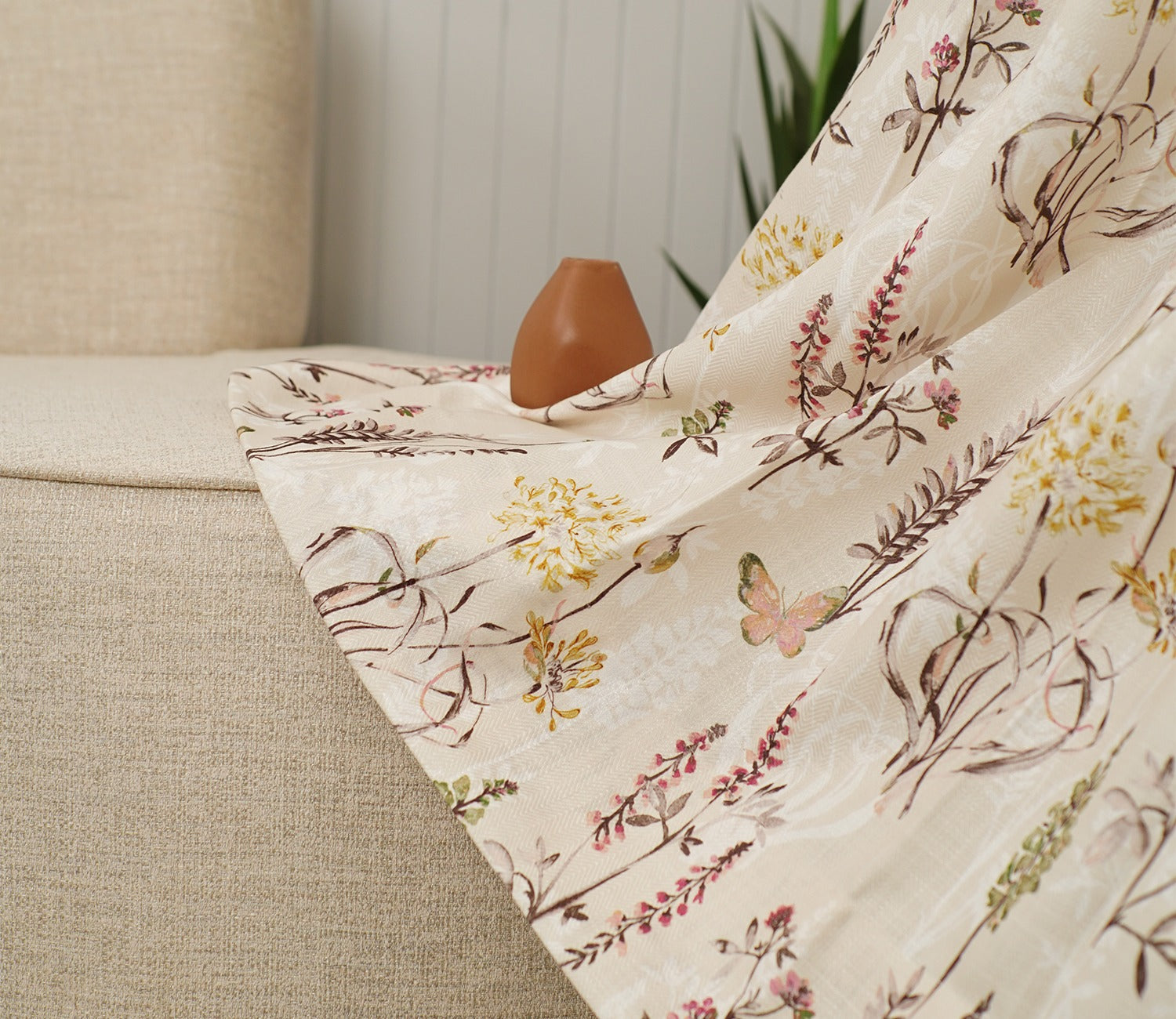 Beige Botanic Mist Floral Print Light-Filtering Door Curtains Set of 2 (Beige, 7 Feet)