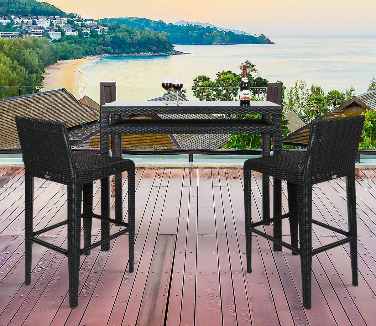 Black Rattan And Wicker Aarva 2 Seater Outdoor Bar Set