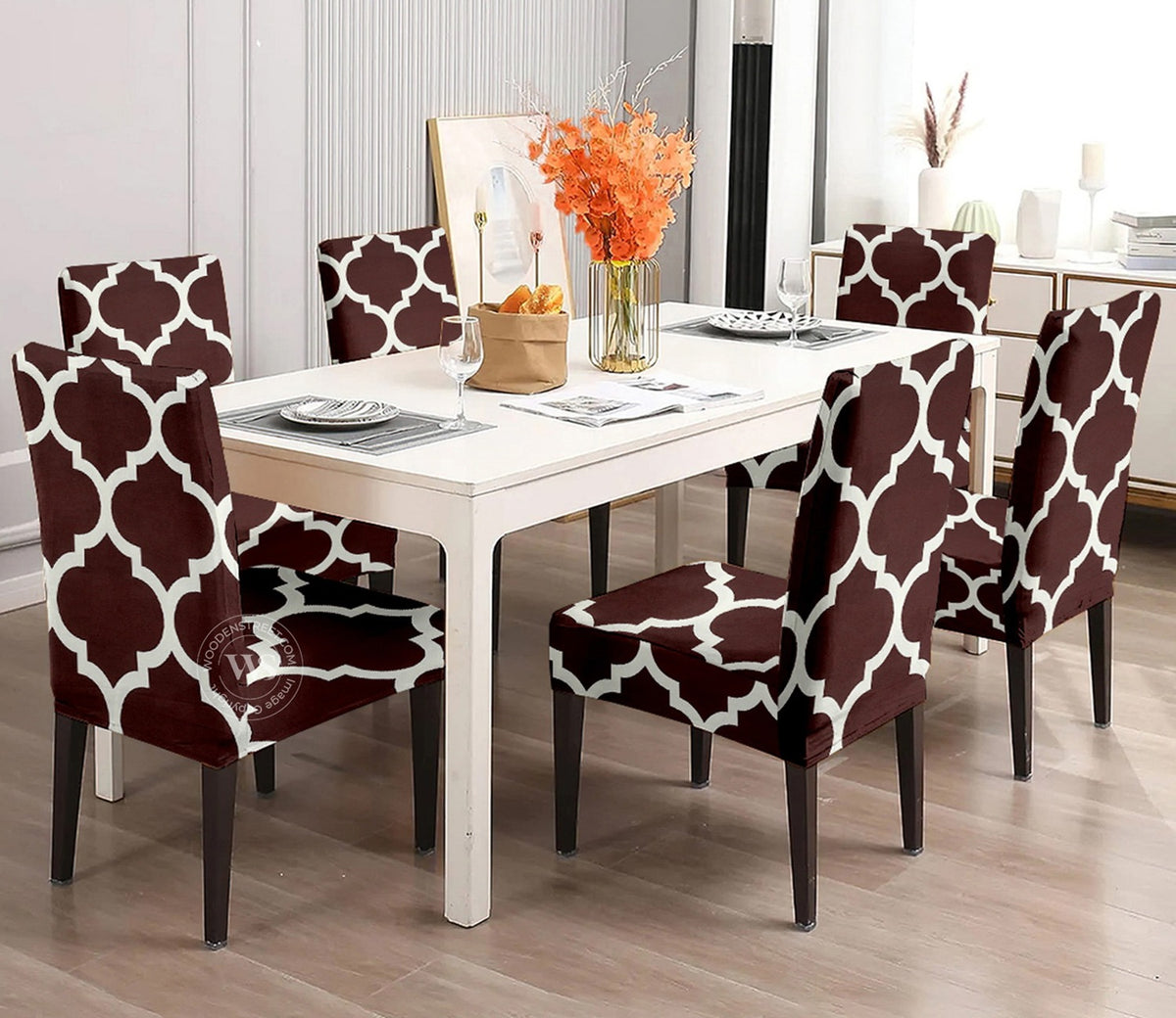 Terria Printed Polyester Spandex Chair Cover - Set of 6 (Brown)