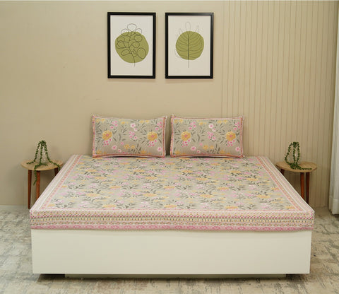 120 TC Floral Screen Print Cotton Double Bed Sheet King Size with Pillow Cover (Yellow and Pink)