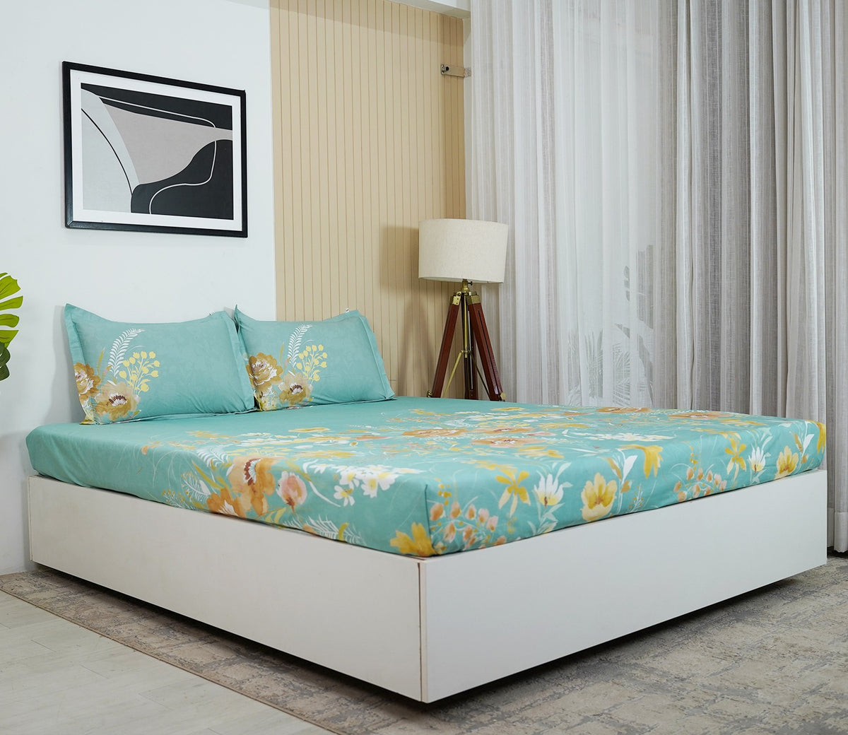 Marigold 144 TC Flat Pure Cotton King Size Bedsheet With 2 Pillow Covers (Blue)