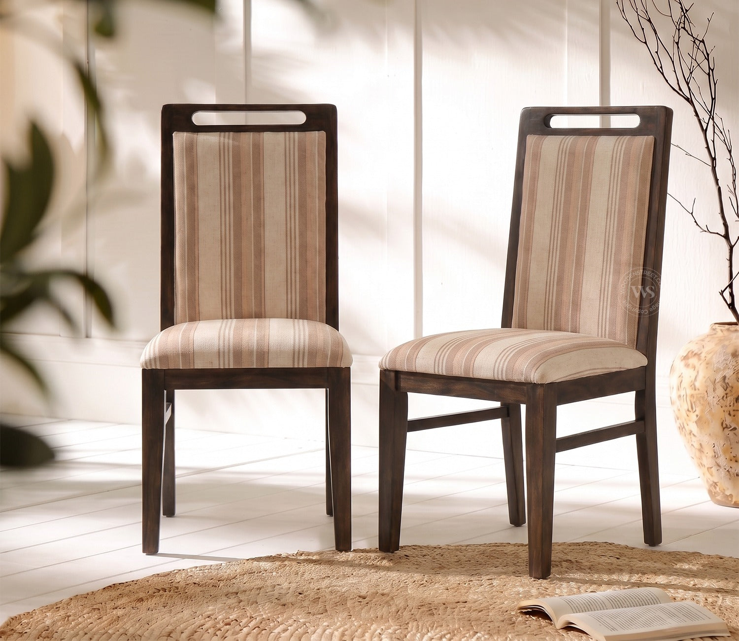 Hazel Sheesham Wood Premium Cotton Cushioned Dining Chair - Set of 2 (Cotton, Walnut Cream Stripe)