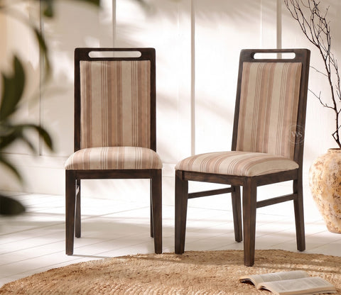 Hazel Sheesham Wood Premium Cotton Cushioned Dining Chair - Set of 2 (Cotton, Walnut Cream Stripe)