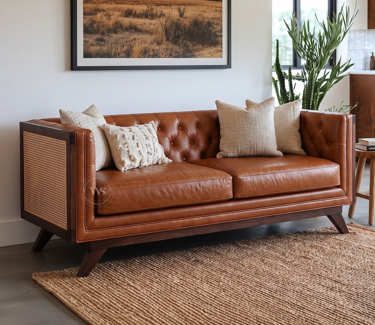 Samvaad 3 Seater Sofa with Cane Accents (Leatherette, Ginger Bread)