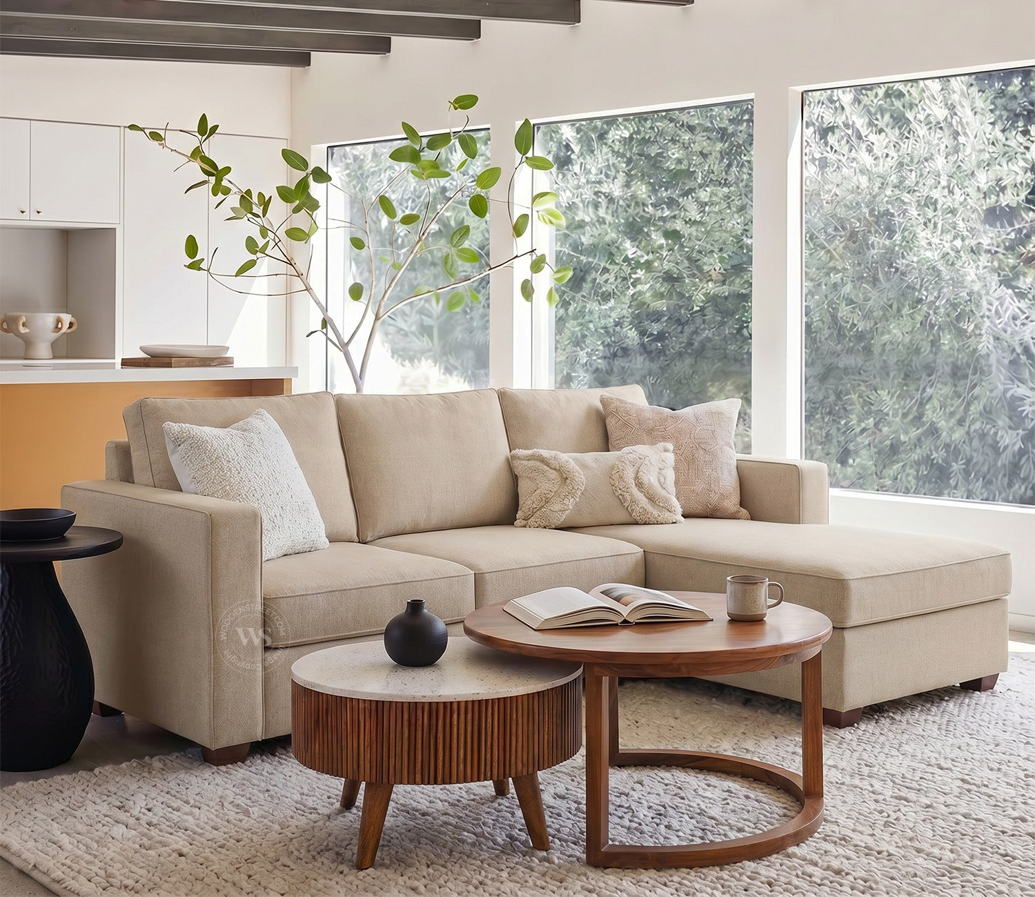 Albus L-Shape 4 Seater Sofa (Cotton, Jade Ivory)