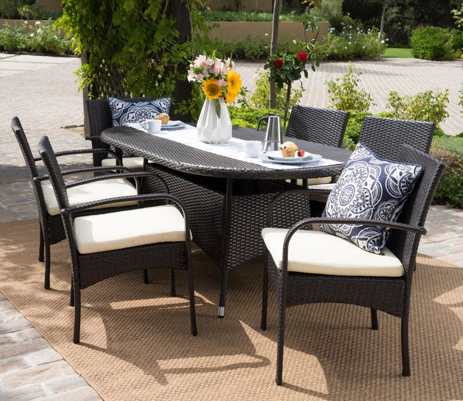 Dark Brown Rattan And Wicker Dinning Patio Set With Cream Cushions