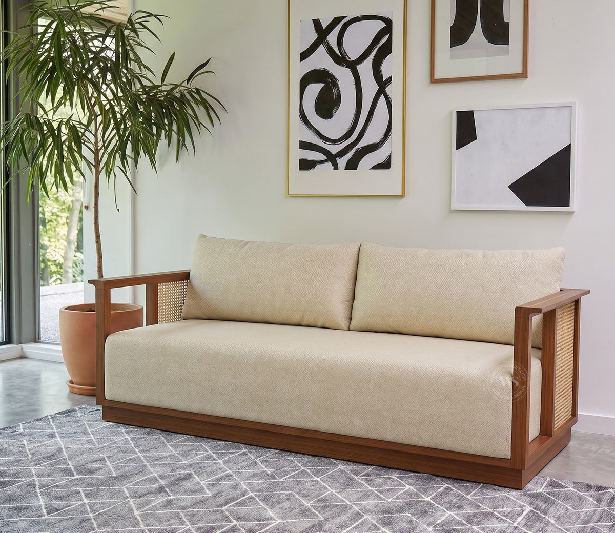 Varnik 3 Seater Ash Wood Sofa with Cane Accents (Teak Finish, Cottage Ivory)