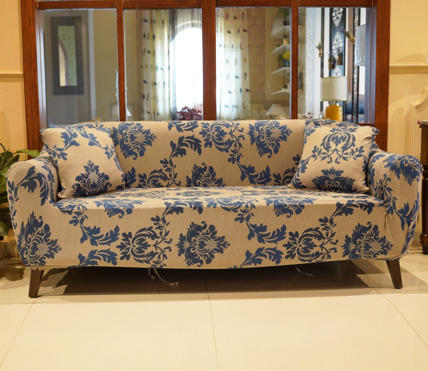 Grace Floral Printed Polyester Spandex 3 Seater Sofa Cover (Blue)