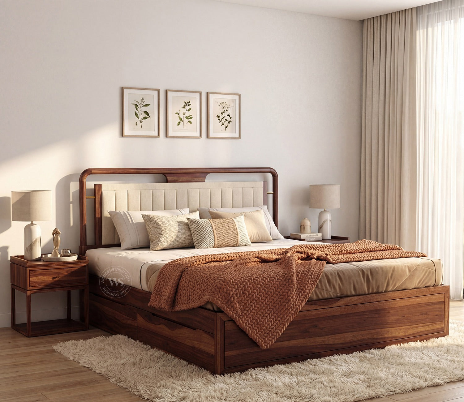 Anvay Sheesham Wood Bed with Upholstered Headboard & Drawer Storage (King Size, Jade Ivory, Teak Finish)