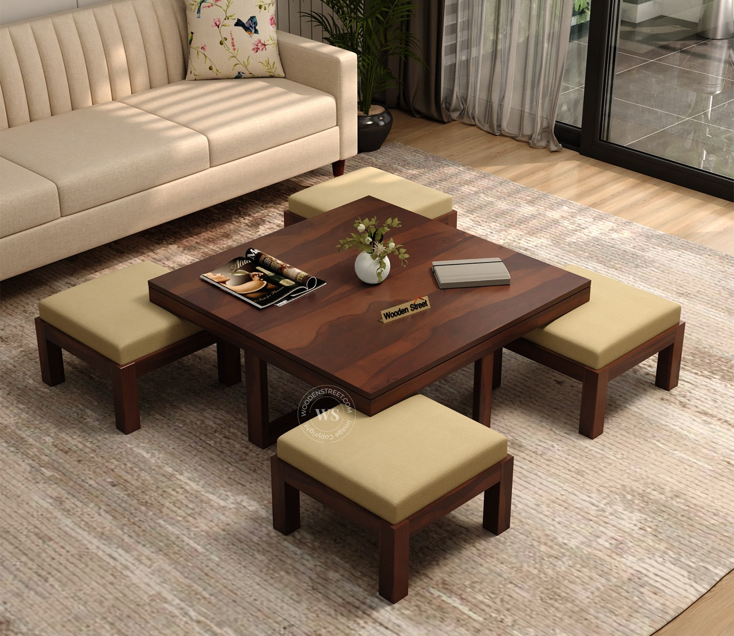 Reid Sheesham Wood Coffee Table with Four Cushioned Stools (Walnut Finish)