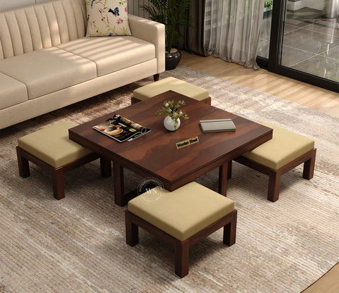 Reid Sheesham Wood Coffee Table with Four Cushioned Stools (Walnut Finish)