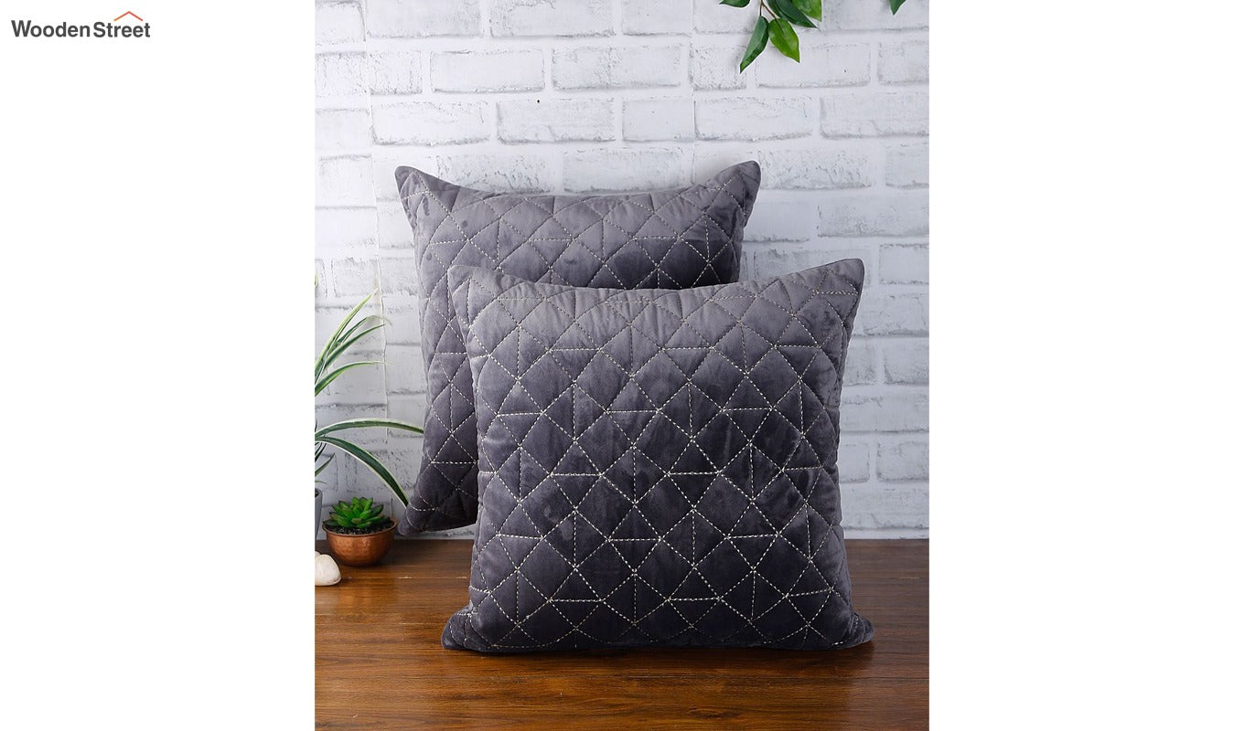 Velvet Quilted Cushion Cover - Set Of 1 (Grey, 18 x 18 inch)