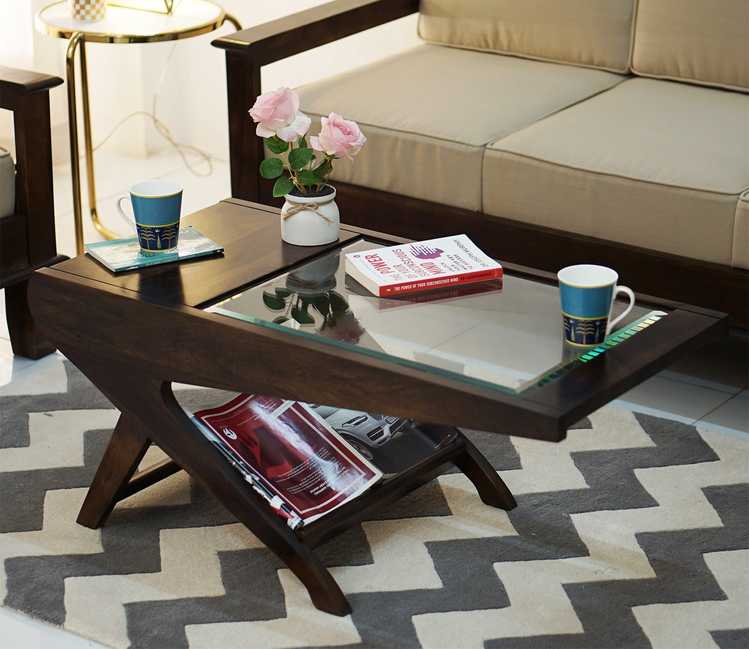 Elena Glass Top Coffee Table (Walnut Finish)