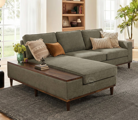 Ashion Premium Left Aligned L Shape Sofa with Built-in Side Wooden Deck (Sage Green)