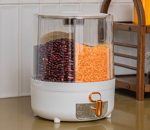 Rotarion 6- Compartment All-In-One Rotating Grain Dispenser (White, Large)