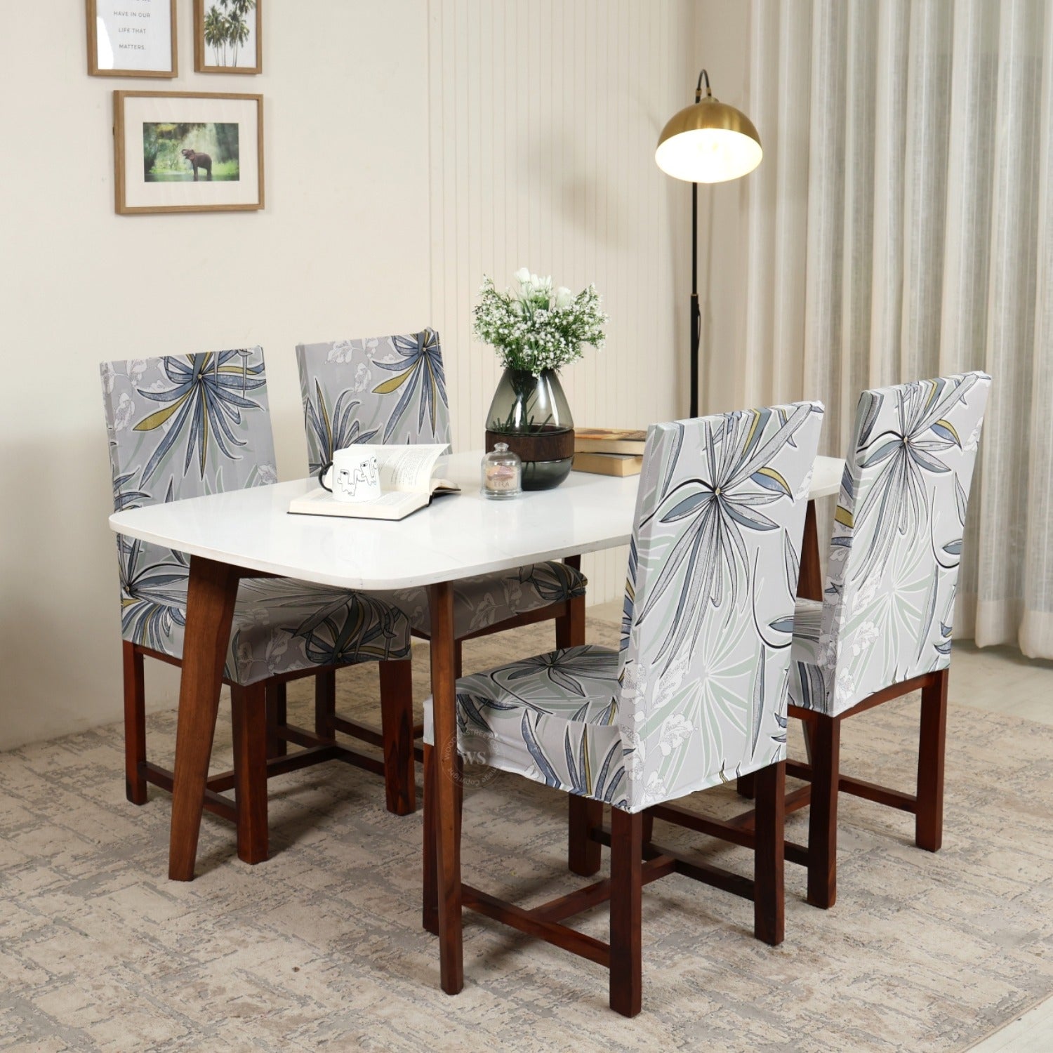 Cassia Floral Printed Polyester Spandex 4 Piece Chair Cover (Grey)