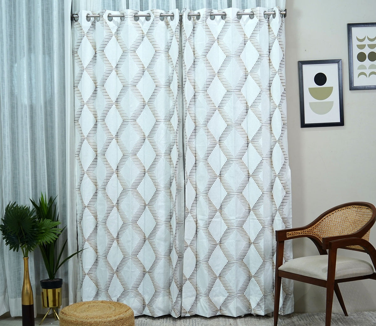 Rhombus Sheer Door Curtains Set of 2 (Beige, 7 Feet)