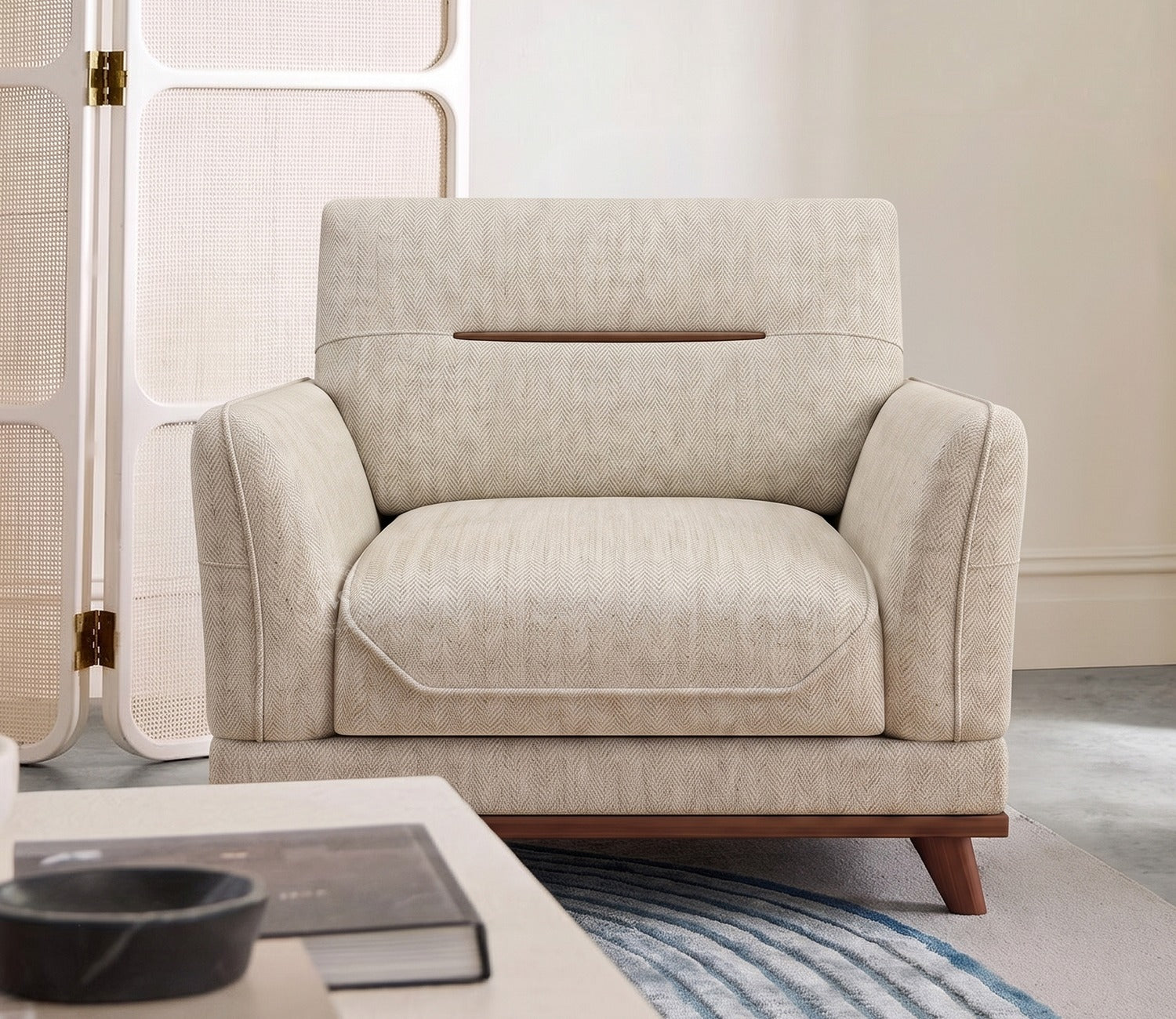 Alvaro 1 Seater Fabric Sofa with Wooden Accents (Cotton, Cottage Ivory)
