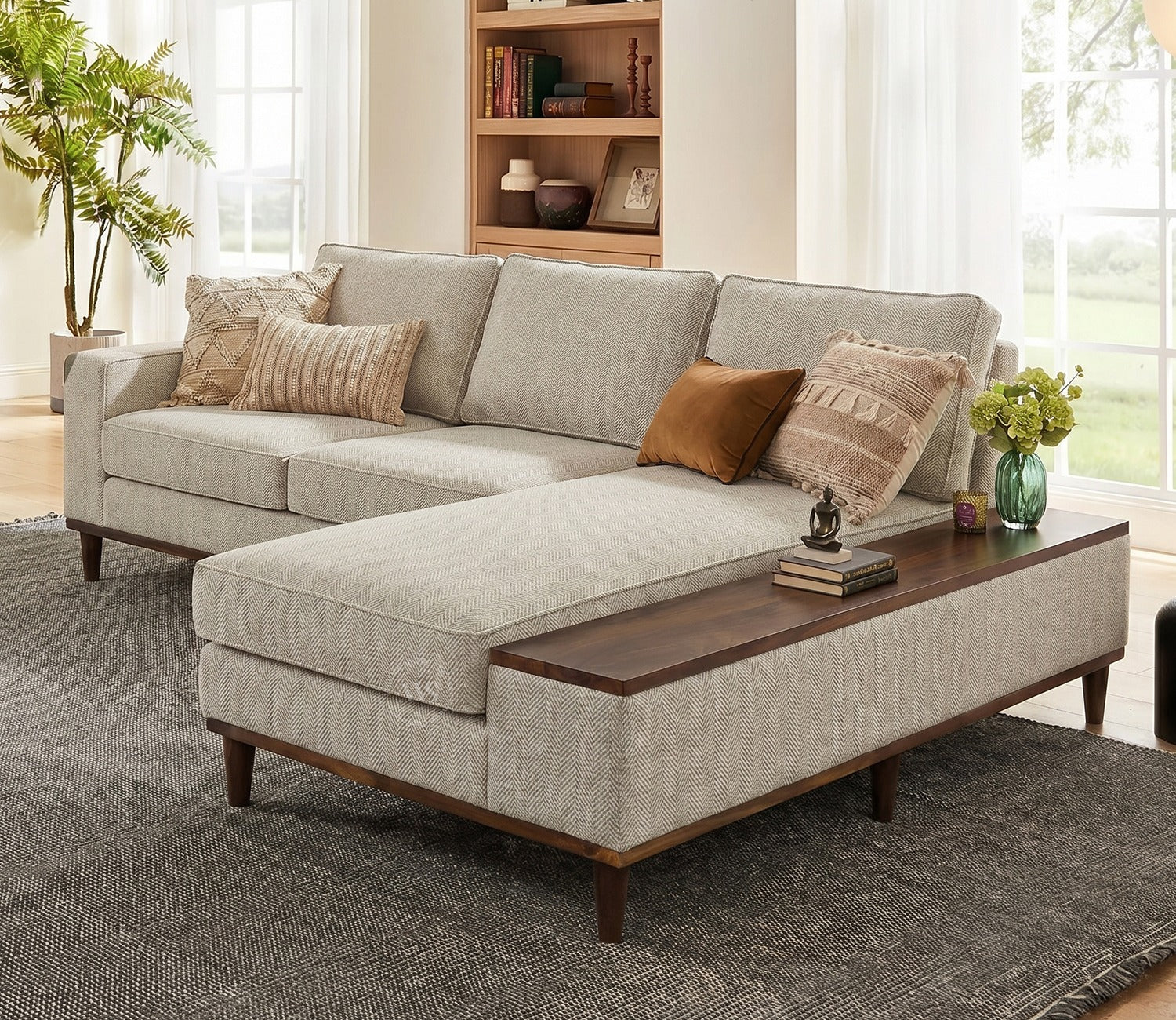 Ashion Premium Right Aligned L Shape Sofa with Built-in Side Wooden Deck (Cottage Ivory)