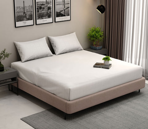 Dobby Checks Organic Bamboo 300 TC 2 Pillowcases and 1 Flat Bedsheet (White, Queen Size)