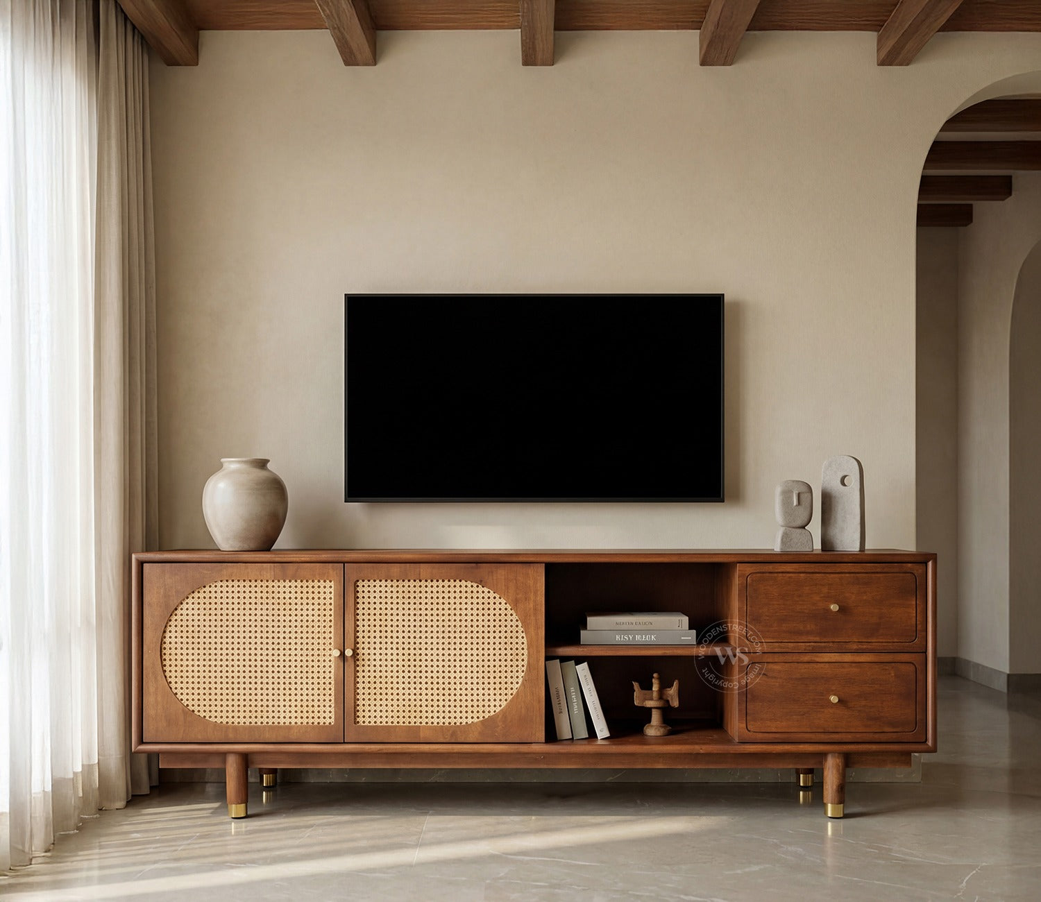 Gyana Premium Solid Wood TV Unit with Cane Panel Cabinet (Mango Wood, Teak Finish)