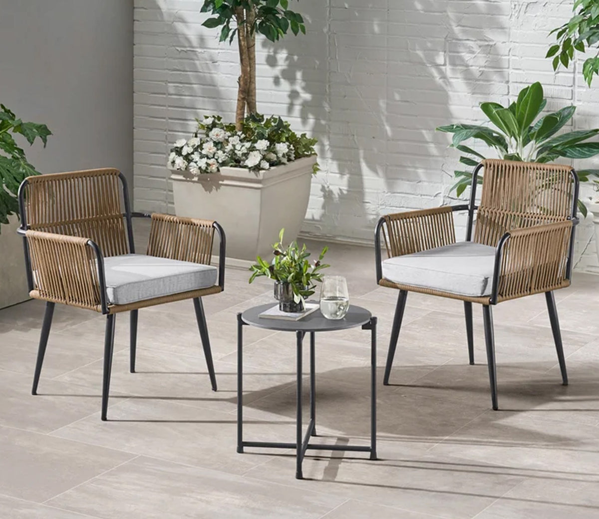 Beige Rope 2 Seater Chair With Table and Cushions Balcony Set