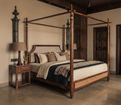 Samrat Sheesham Wood and Cane Upholstered Poster Bed Without Storage (King Size, Jade Ivory)