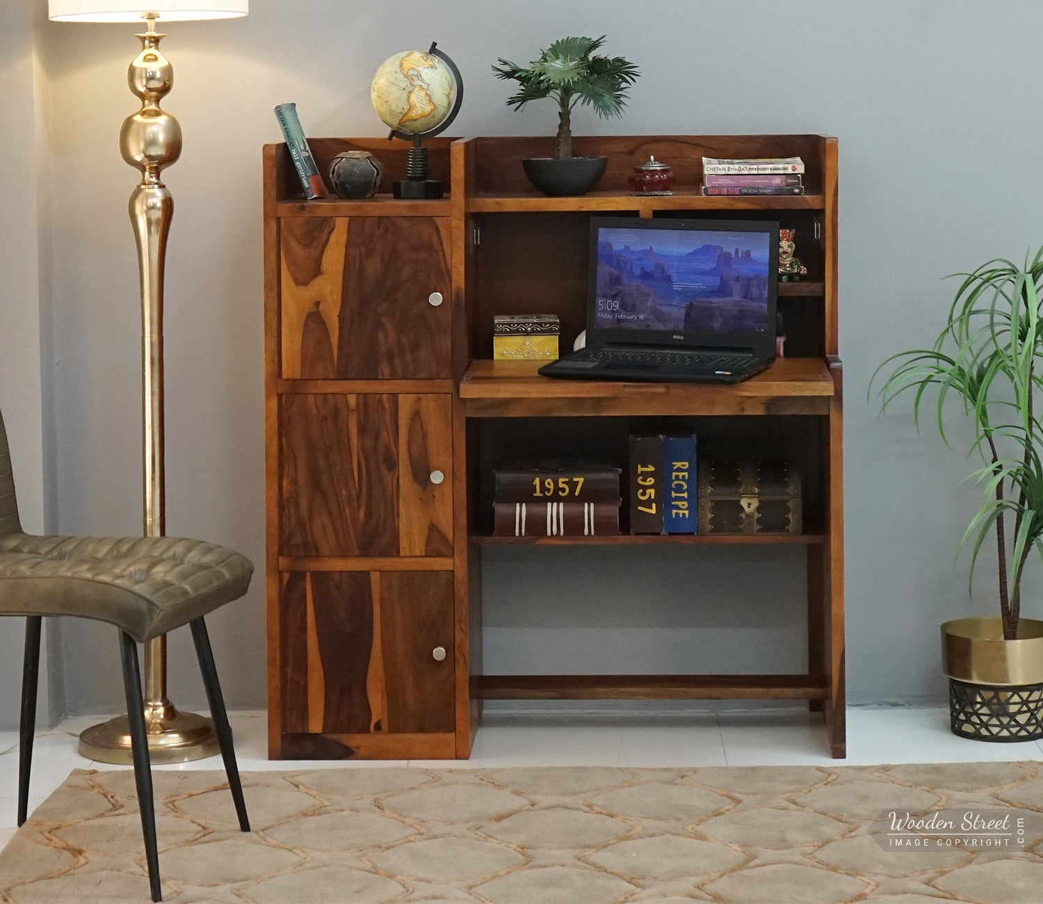 Candy Sheesham Wood Study Table with Three Cabinets & Open Shelves (Honey Finish)