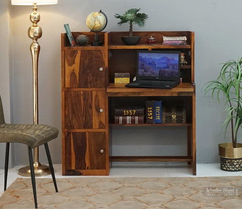 Candy Sheesham Wood Study Table with Three Cabinets & Open Shelves (Honey Finish)